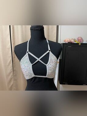 Roma White Iridescent Sequin Crisscross Halter Bralette